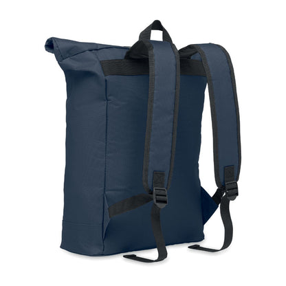 Parte trasera de mochila azul marino con espalda y asas acolchadas