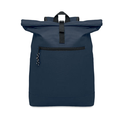 Mochila azul marino poliéster con cierre roll top con correas y bolsillo frontal con cremallera