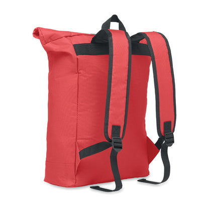 Parte trasera de mochila roja con espalda y asas acolchadas