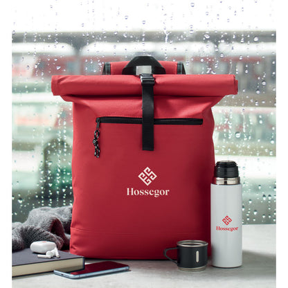 Mochila roja personalizada con logotipo en bolsillo frontal con cierre enrollable rollup