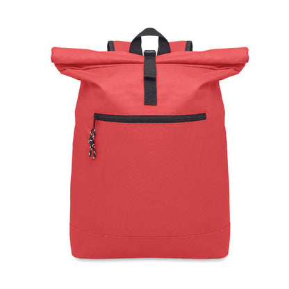 Mochila roja de poliéster con cierre roll top con correas y bolsillo frontal con cremallera