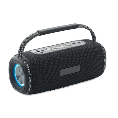 Altavoz negro inalámbrico con asa y luz azul