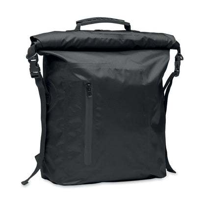 Mochila negra impermeable con cierre roll top con bolsillo frontal con cierre cremallera y asa de mano superior