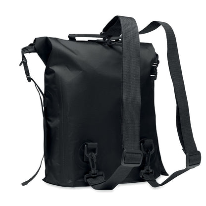 Parte trasera de mochila impermeable negra con correas de transporte desmontables