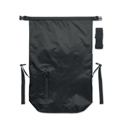 Mochila de poliéster negra extendida con cierre enrrollable y correa de transporte desmontable