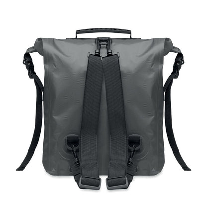 Parte trasera de mochila impermeable gris con correas de transporte desmontables