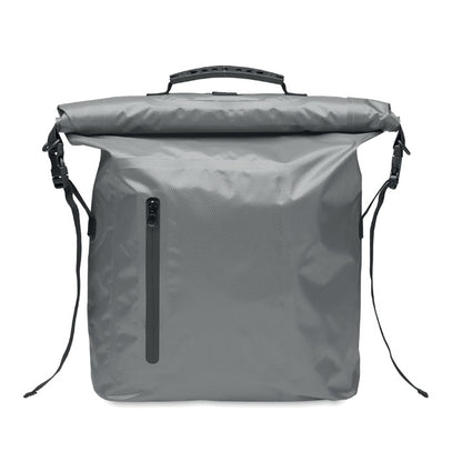 Mochila gris impermeable con cierre roll top con bolsillo frontal con cierre cremallera y asa de mano superior