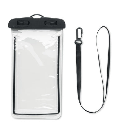 Funda impermeable para móvil con lanyard negro al lado