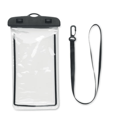 Funda impermeable para móvil con lanyard negro al lado