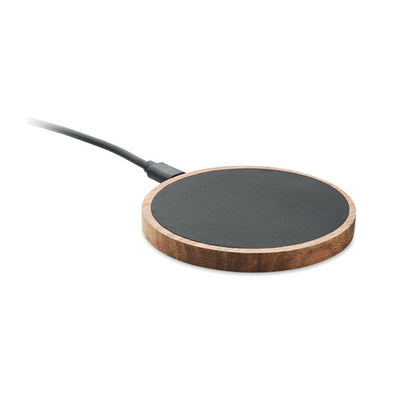Cargador inalámbrico redondo de madera y polipiel negra