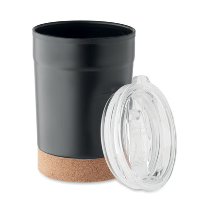 Vaso de viaje negro de metal con tapa de rosca transparente