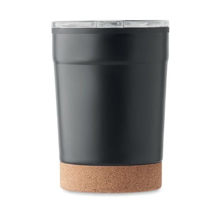 Vaso metálico negro con base de corcho y tapadera transparente de plástico