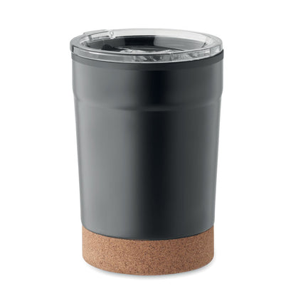 Vaso negro de acero inoxidable con parte inferior de corcho y tapadera de plástico