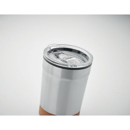 Vaso de acero inoxidable blanco con base de corcho y tapa de plástico