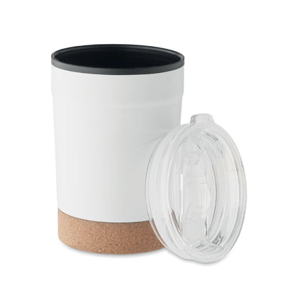 Vaso térmico blanco de acero inox. con tapadera transparente de plástico y base de corcho