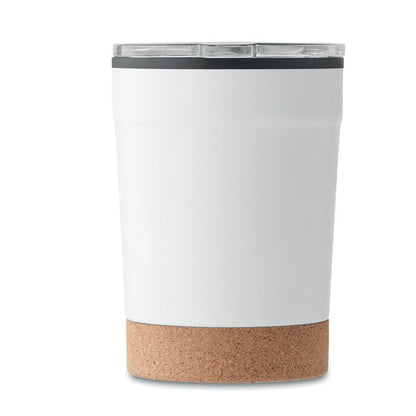 Vaso metálico blanco con tapadera de plástico y parte inferior de corcho