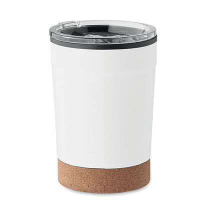 Vaso de acero inoxidable blanco con base de corcho y tapadera transparente de cristal
