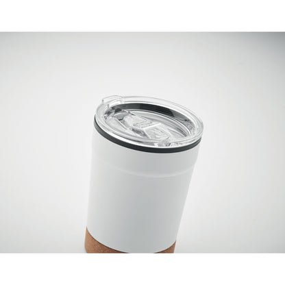 Vaso de acero inoxidable blanco con base de corcho y tapa de plástico