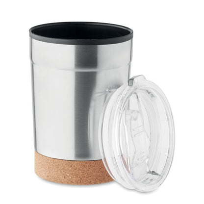 Vaso térmico de acero inox. con tapadera transparente de plástico y base de corcho