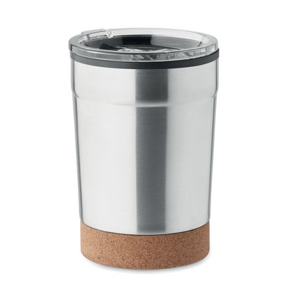 Vaso de acero inoxidable con base de corcho y tapadera transparente de cristal