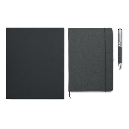Caja, libreta de cuero reciclado y boli negro