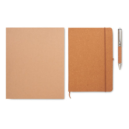 Libreta de cuero reciclado con boli marrón y plata