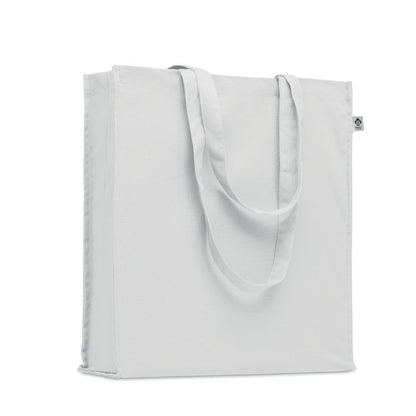 Bolsa blanca de la compra de algodón orgánico con asas largas y fuelle.