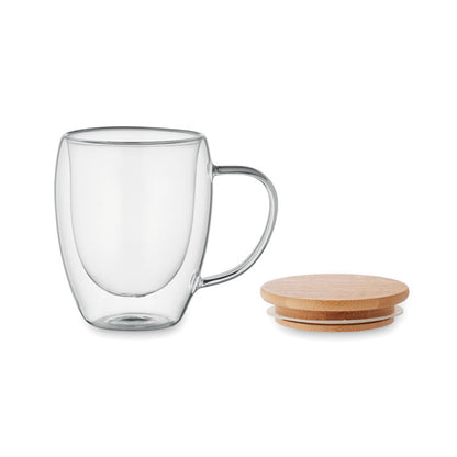 Taza de cristal de doble pared con tapadera de bambú hermética