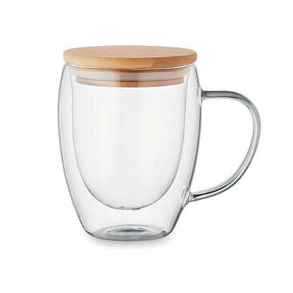 Taza de borosilicato de doble pared con tapa de madera