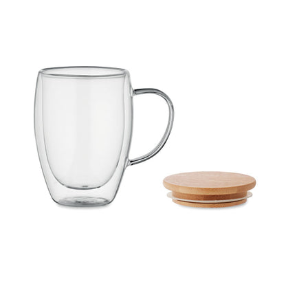 Mug de cristal de doble pared con tapa de madera hermética