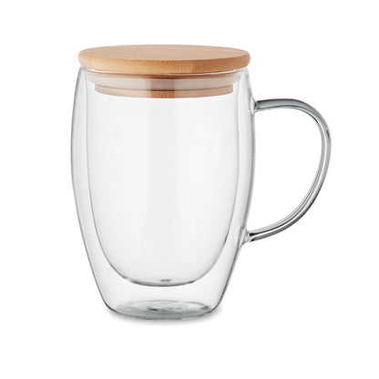 Taza de borosilicato de doble pared con tapadera de bambú