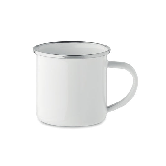 Taza de metal blanca con borde plateado, ideal para sublimación, capacidad de 200 ml.
