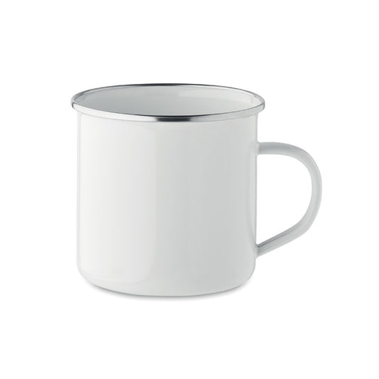 Taza sublimación 500ml blanca de metal con borde plateado y asa, vista lateral