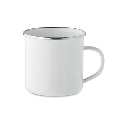 Taza de metal blanca de estilo vintage