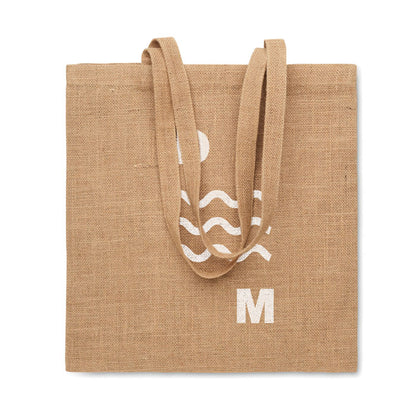 Bolsa de yute marrón de asas largas personalizada con un logotipo en color blanco