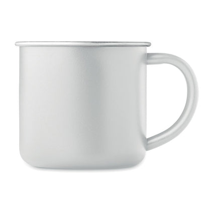 Vista lateral de taza metálica blanca de acero inox.