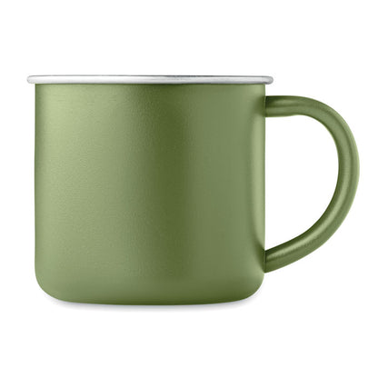 Vista lateral de taza metálica verde de acero inoxidable
