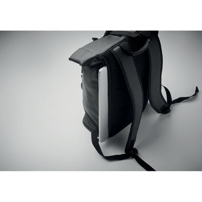 Bolsillo trasero de mochila negra con cierre rolltop para guardar portátil