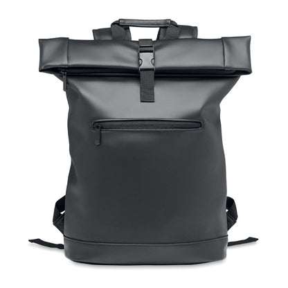 Mochila negra de PU mate negro suave con cierre rolltop y bolsillo frontal con cremallera