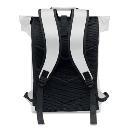 Asas ajustables blancas  y parte trasera   negra de mochila blanca con cierre rolltop