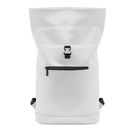 Mochila blanca estirada  y abierta con cierre enrollable