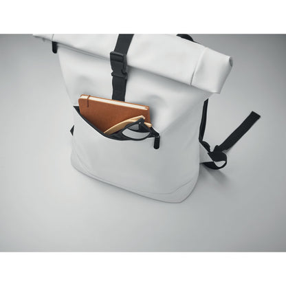 Bolsillo frontal de mochila de PU blanco con gafas de sol y libreta en su interior