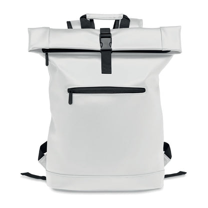 Mochila negra de PU mate blanco suave con cierre rolltop y bolsillo frontal con cremallera