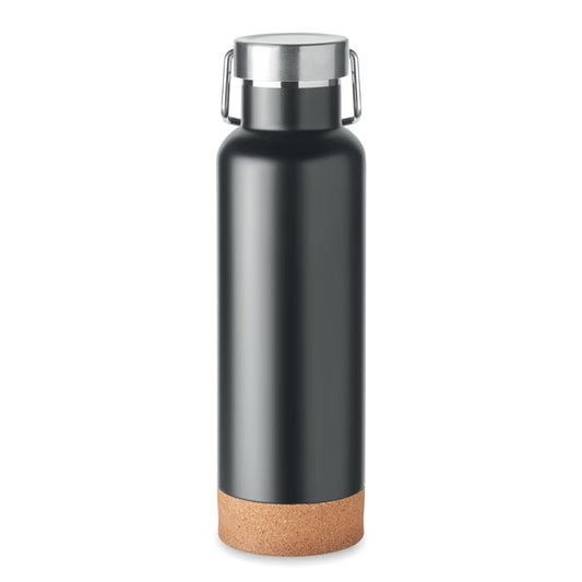Botella de acero negra con base de corcho