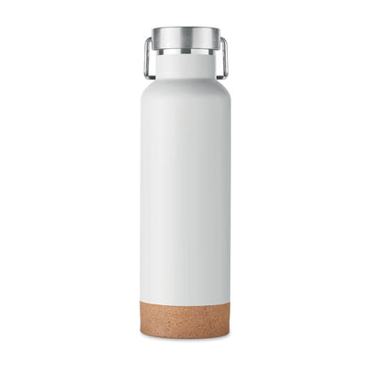 Botella de acero blanca con base de corcho