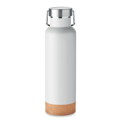 Botella de acero blanca con base de corcho