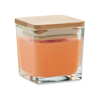 Vela cuadrada de naranja con tapa de madera