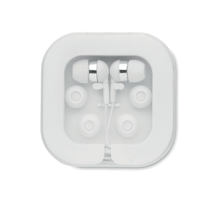 Par de auriculares blancos con fundas de repuesto en caja
