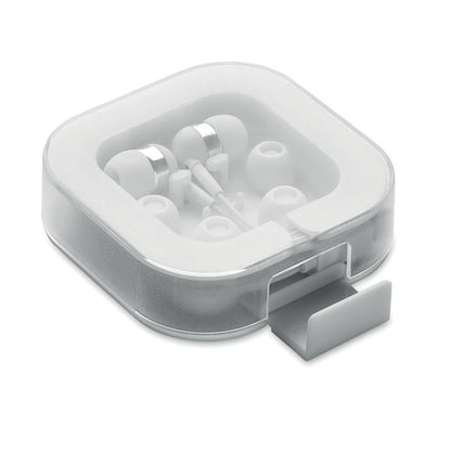 Auriculares con cable blancos en cajita de plástico con soporte para teléfono y repuesto de fundas de silicona
