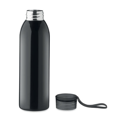 Botella de acero negro con tapa al lado